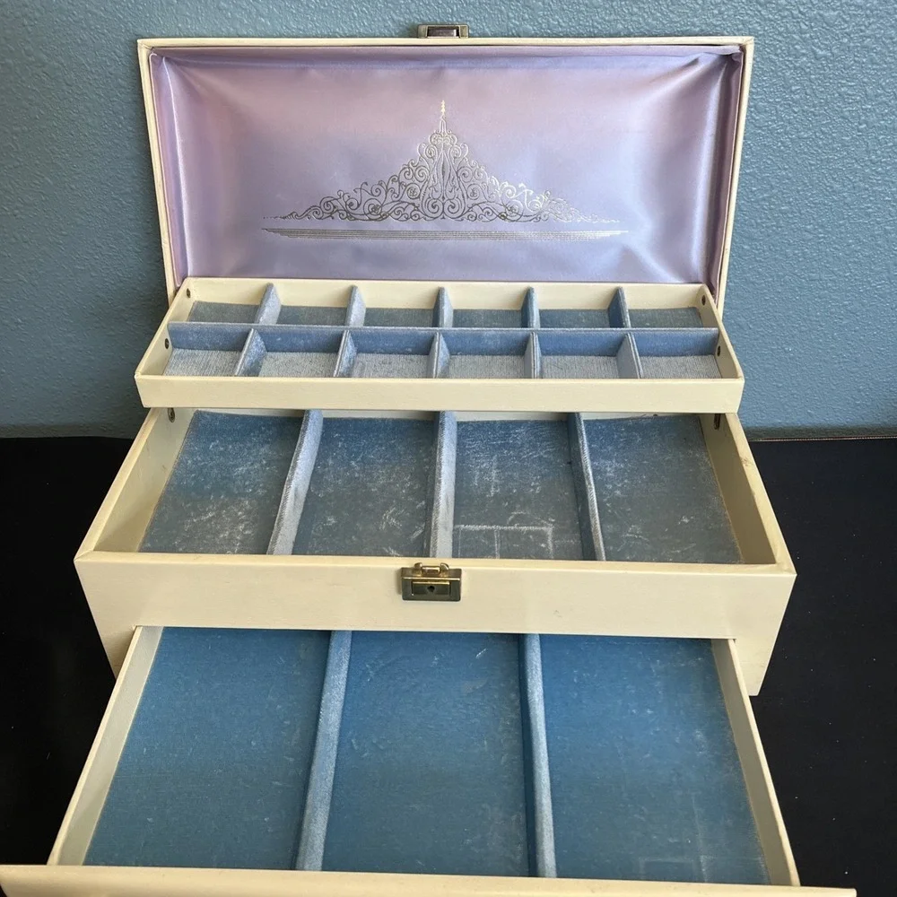 Vtg Large Lady Buxton Jewelry Box‎ Multi Drawers Mid Century Modern Blue Velvet